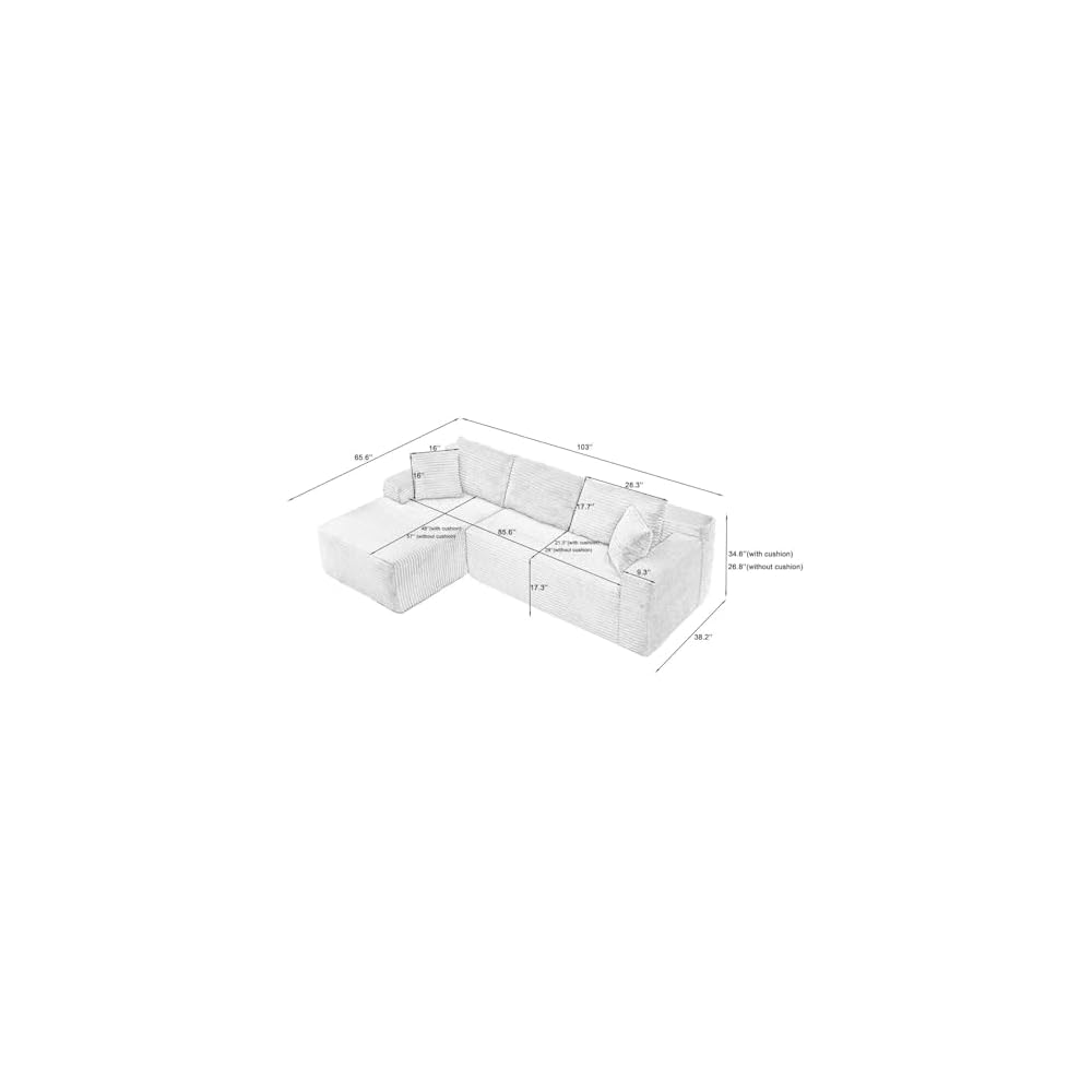 103" Left Facing Cloud Sectional Boneless Couches for Living Room, L Shaped Corner Couch Comfy Corduroy Floor Modular Sectional Sofa with Deep Seat,Chaise Lounge,Memory Foam for Small Places