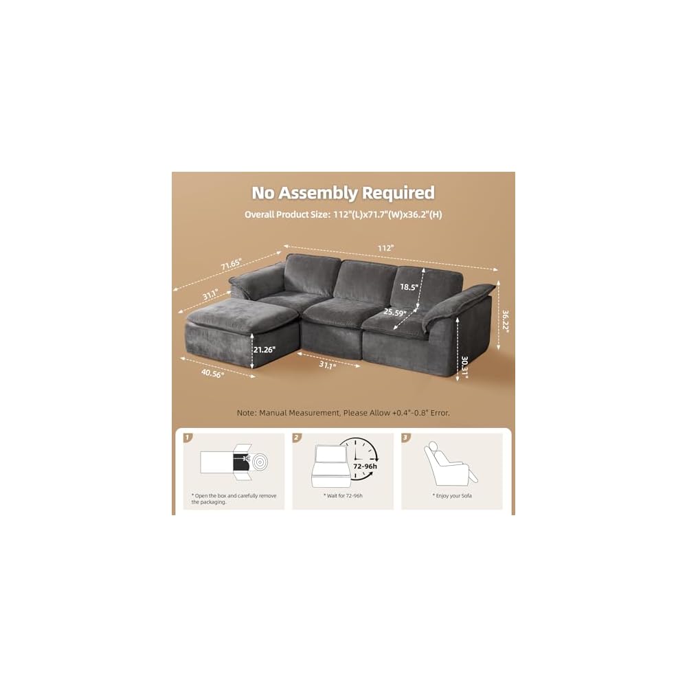 HALLYBEE 112" Cloud Couch with Padded Armrests & Moveable Ottoman Dark Grey