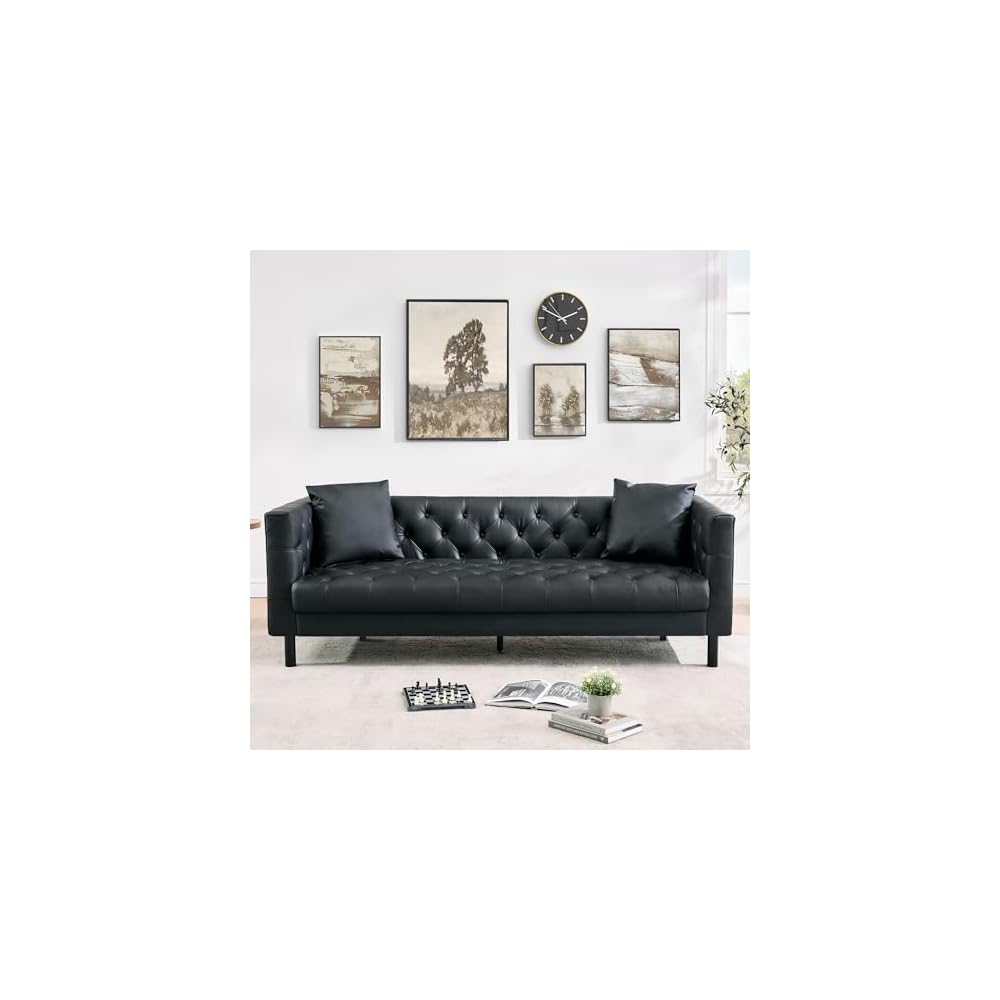 GAOMON 78"Faux Leather Couch,3 Seater Chesterfield Sofa,Button Tufted,Black