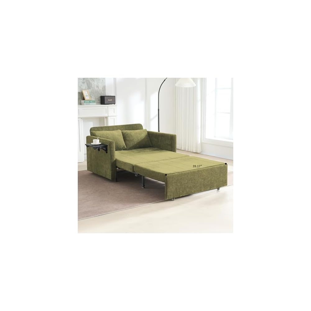 75" Long 3-in-1 Sleeper Chair Pull Out Bed, Single Sleeper Sofa Bed with Wing Table and Side Pocket for Living Room, Bedroom, Small Space, Green