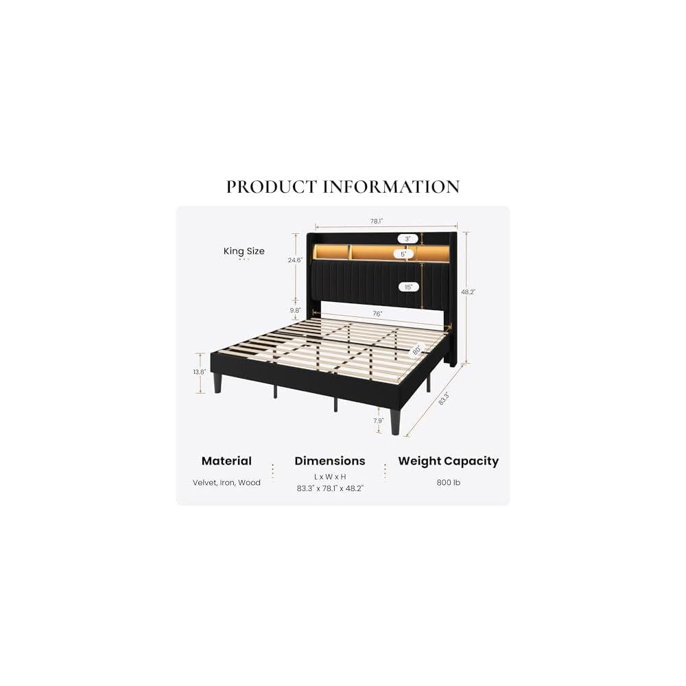 SHA CERLIN King Size Platform Bed Frame / 2-Tier Storage Shelf/Velvet Wingback Upholstered Headboard/LED Lights and Charging Station/No Box Spring Needed/Noise-Free/Easy Assembly/Black