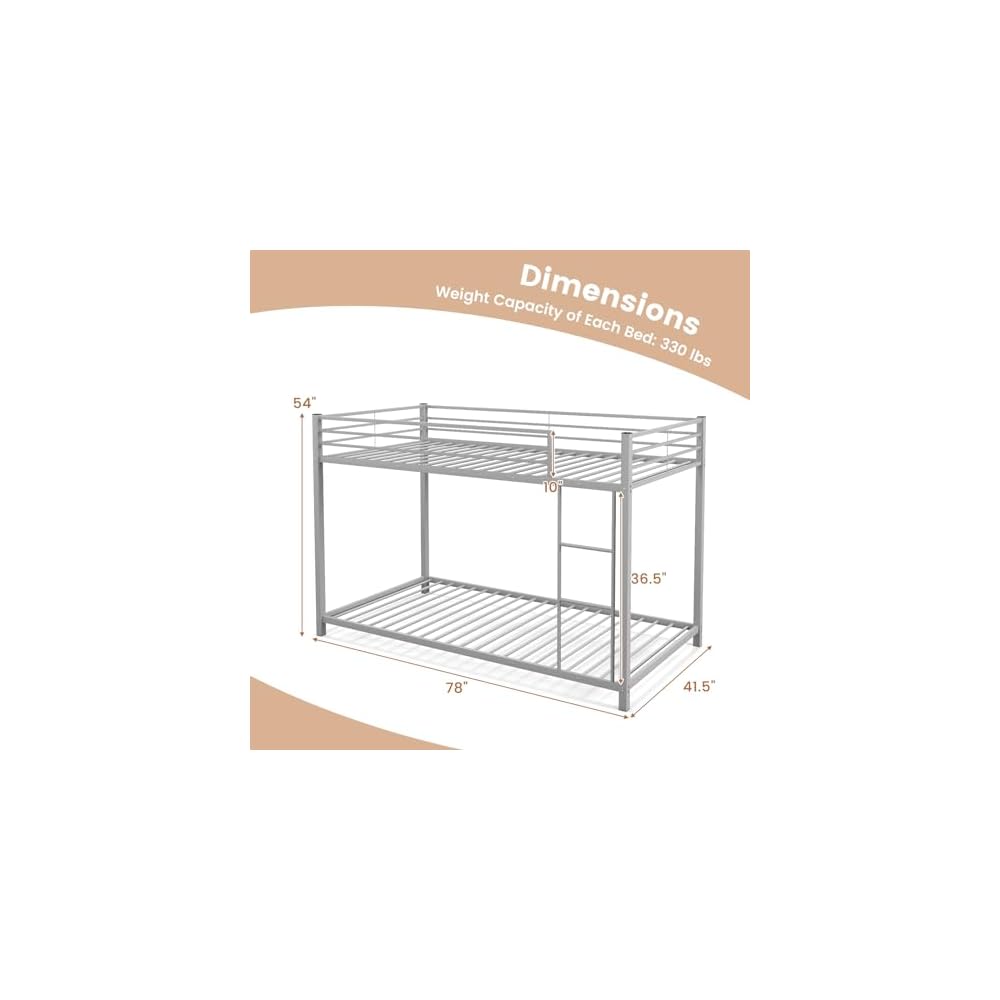 GIANTEX Metal Bunk Bed Twin Over Twin, Low Profile Bunk Bed Frame with Ladder & Full Length Guardrail, Space-Saving Twin Size Bed Frame for Kids Teens, No Box Spring Needed (Silver)