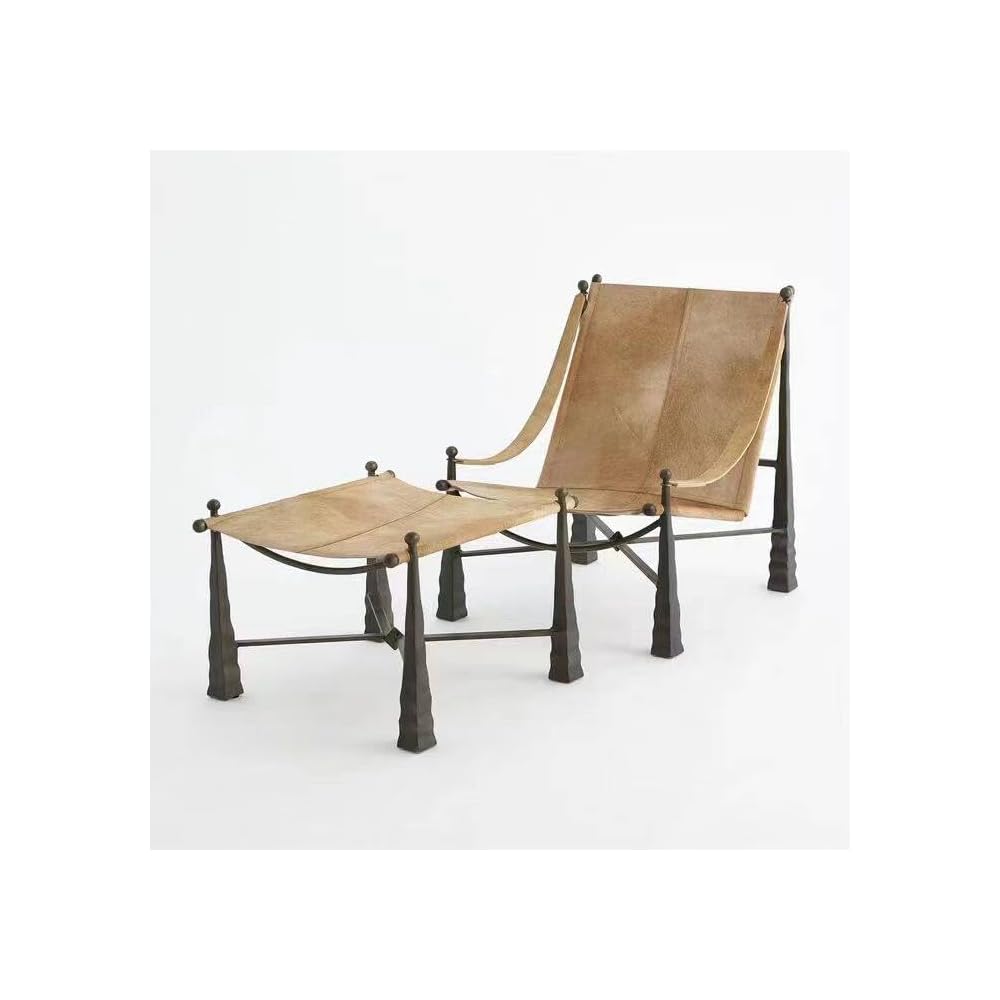 Luxury Leather Sling Lounge Chair with Ottoman, Modern Metal Frame Accent Chair Set, Designer Relax Recliner Armchair for Living Room, Office, Hotel Seating