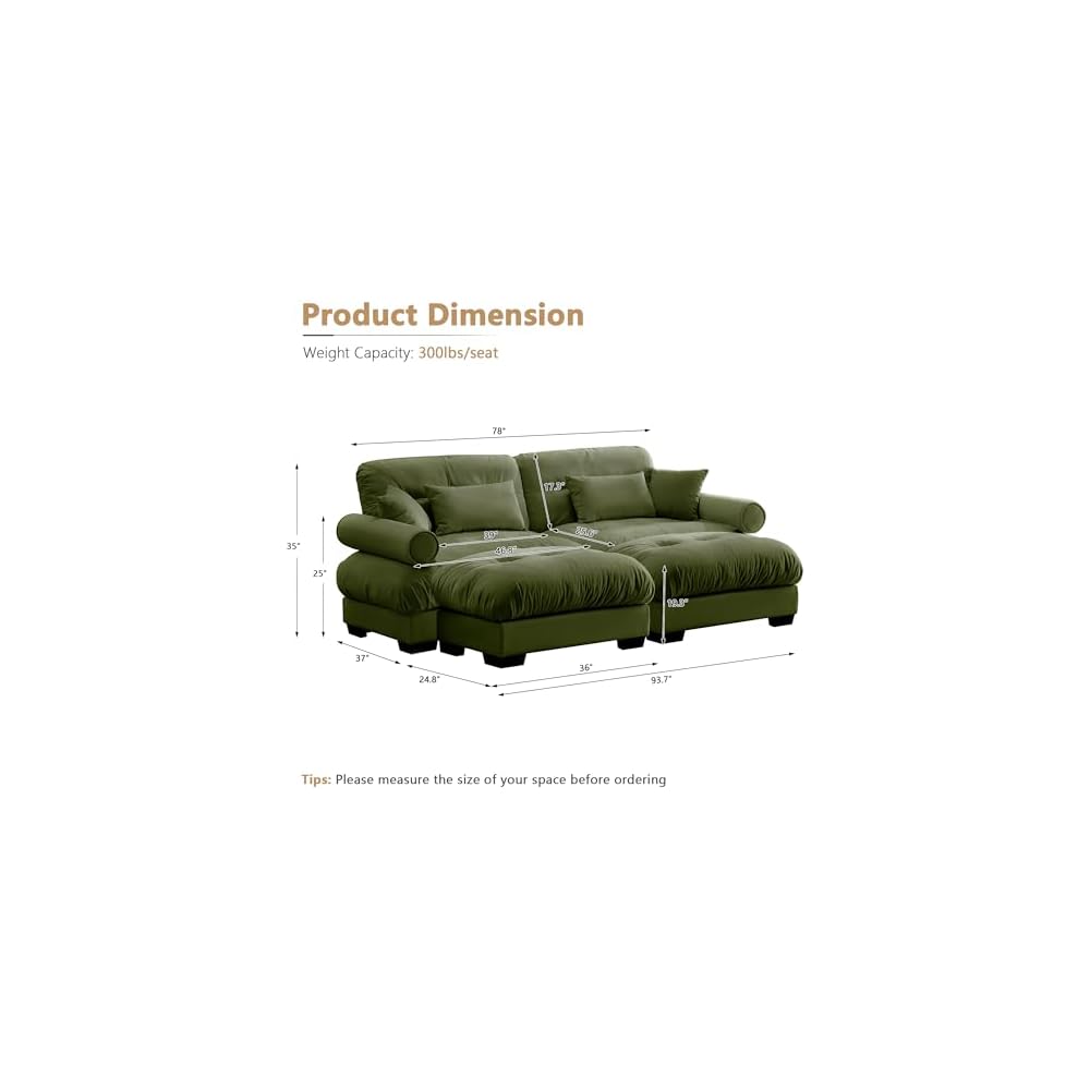 Setawix Modern U-Shaped 2 Seater Cloud Sofas Couches with Deep Seat for Living Room,Comfy Velvet Modular Sectional Sofa with Movable Ottomans,DIY Combination Couch,Tufted(Olive)