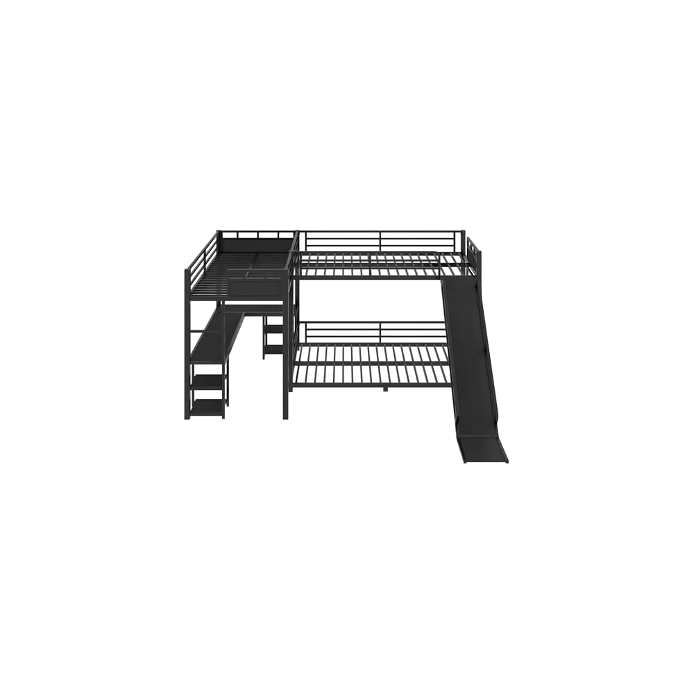 Triple Bunk Beds, L-Shape Full XL Over Queen Bunk Bed Attached a Loft Bed with Desk, Storage Shelves, Triple Bunk Bed with Slide and USB Ports, Metal Corner Bunkbed Frame for Boys Girls Teens, Black