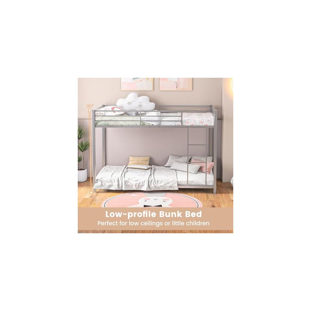 GIANTEX Metal Bunk Bed Twin Over Twin, Low Profile Bunk Bed Frame with Ladder & Full Length Guardrail, Space-Saving Twin Size Bed Frame for Kids Teens, No Box Spring Needed (Silver)
