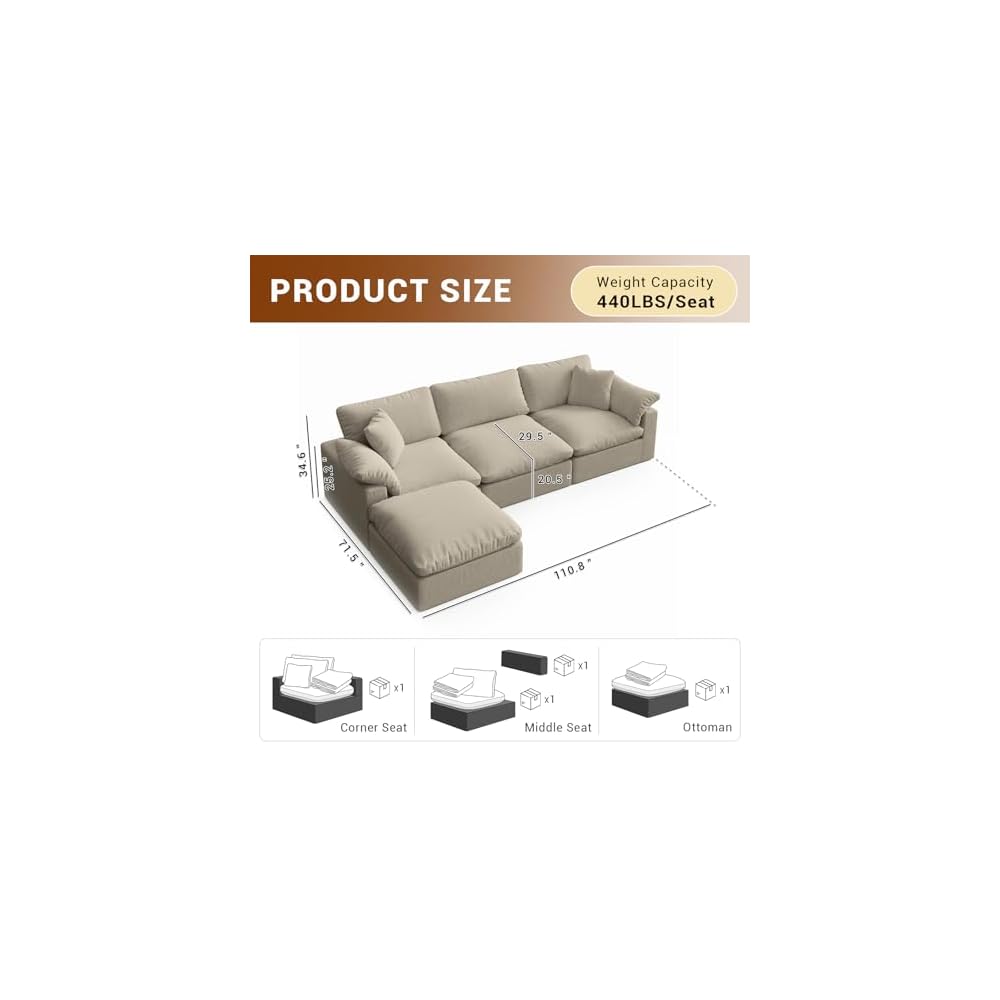 Cloud Couch Modular Sectional Sofa, Oversized Wide Deep Seat Cloud Sofa Down Filled, Comfy Convertible Upholstered Sleeper Bed Sectional Couches for Living Room, Covers Washable & Replaceable