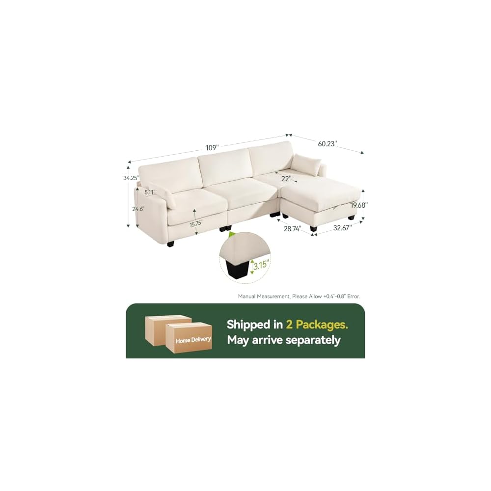 109 Inch Modular Sectional Sofa, L Shaped Couch with Storage Ottoman, Beige