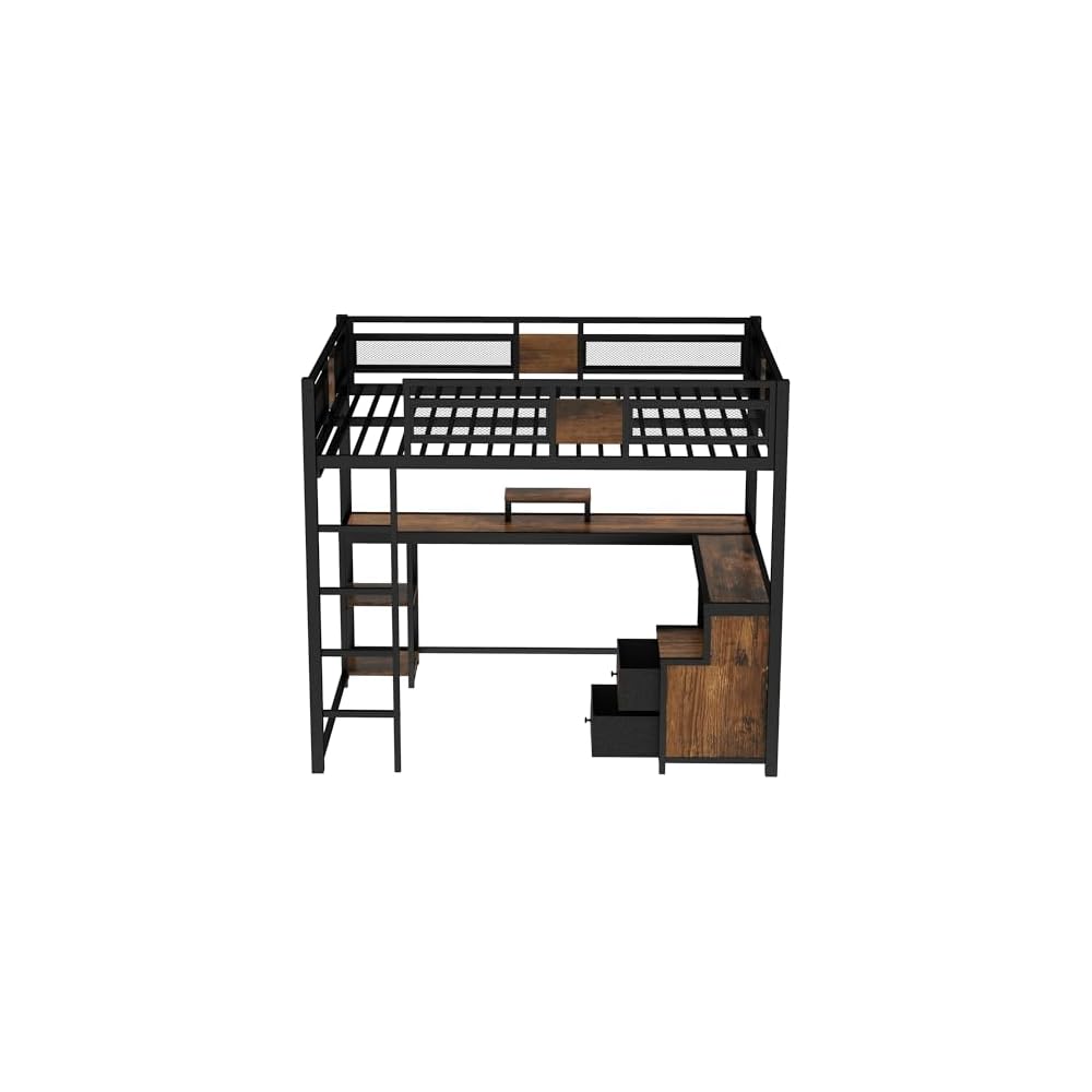 Bellemave Queen Loft Bed with Desk, Drawer, Metal Queen Size Loft Bed Frame with guardrail and Ladder for Adults, Kids, Teens, Black