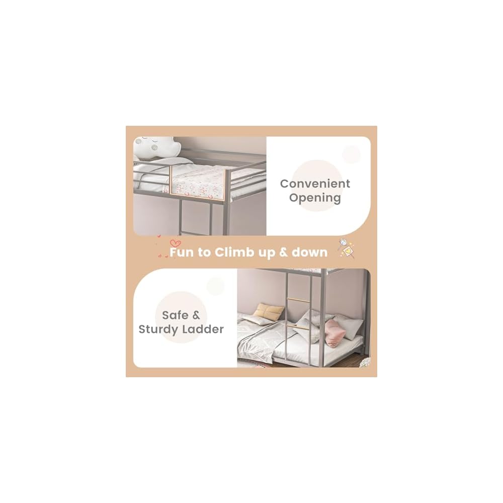 GIANTEX Metal Bunk Bed Twin Over Twin, Low Profile Bunk Bed Frame with Ladder & Full Length Guardrail, Space-Saving Twin Size Bed Frame for Kids Teens, No Box Spring Needed (Silver)