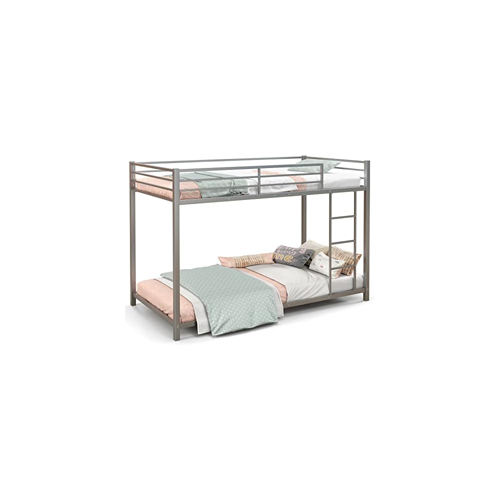 GIANTEX Metal Bunk Bed Twin Over Twin, Low Profile Bunk Bed Frame with Ladder & Full Length Guardrail, Space-Saving Twin Size Bed Frame for Kids Teens, No Box Spring Needed (Silver)