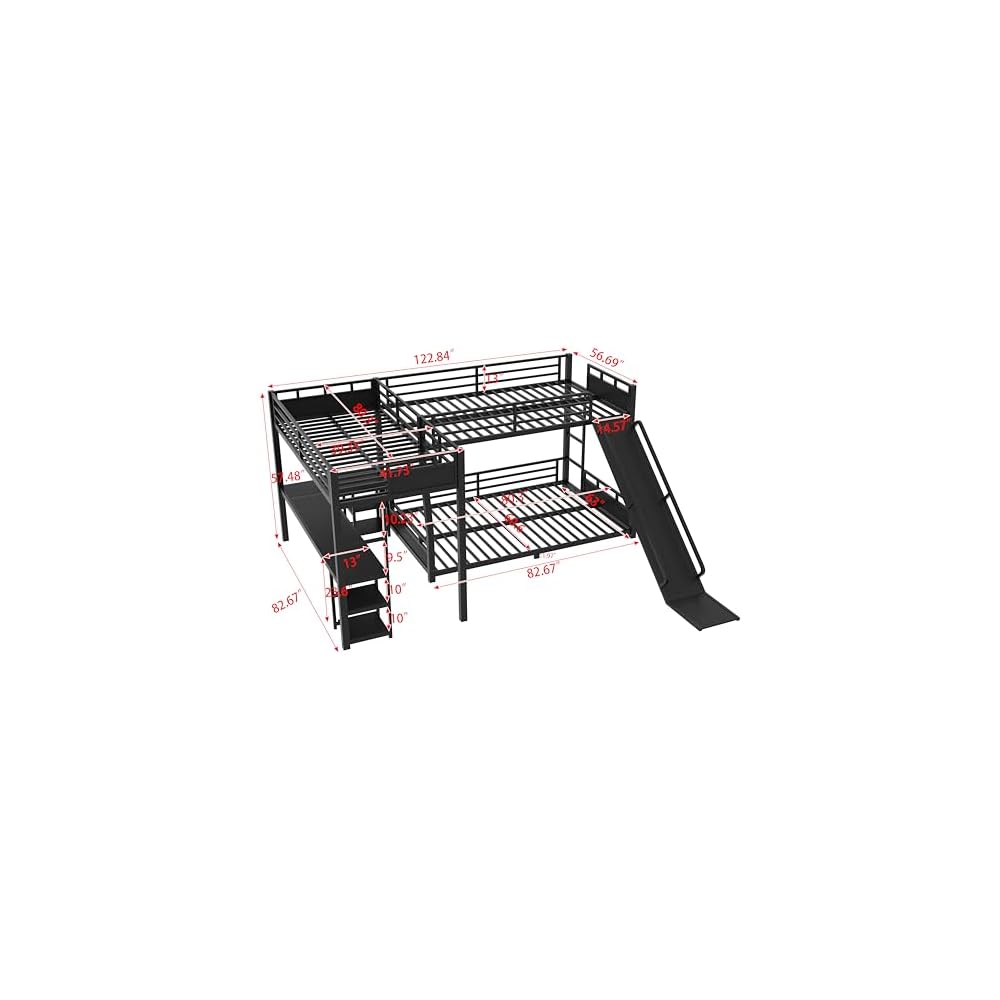Triple Bunk Beds, L-Shape Full XL Over Queen Bunk Bed Attached a Loft Bed with Desk, Storage Shelves, Triple Bunk Bed with Slide and USB Ports, Metal Corner Bunkbed Frame for Boys Girls Teens, Black