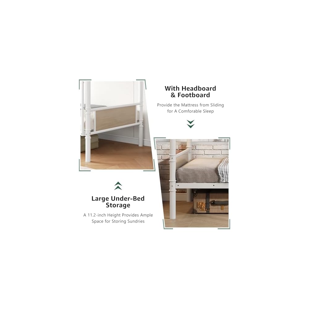 Jocoevol Metal Bunk Bed Twin Over Twin, Industrial Bunkbeds Heavy Duty Bed with Safety Guard Rails and Space-Saving Design, Steel Bed for School, Bedroom (White)
