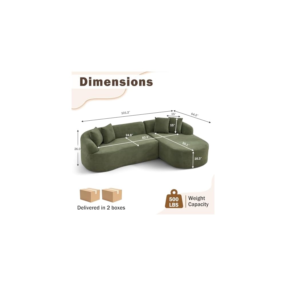 Modular Sectional Sofa, 101'' Boneless Couch with Chaise, Compressed No Assembly Oversized Deep Seat Sofa, Convertible L Shaped Couch with Pillows for Living Room (Green, Left Facing Chaise)