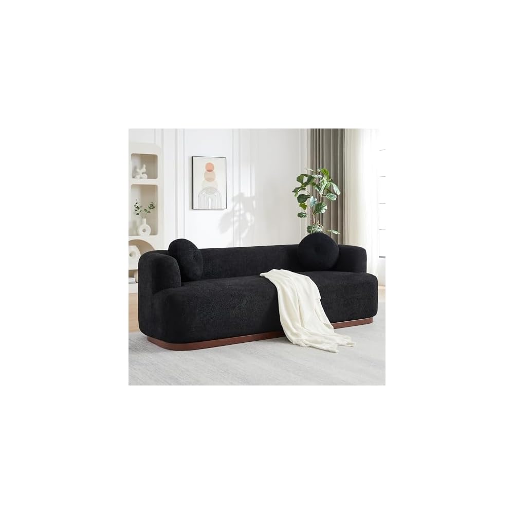 Christopher Knight Home Delia 85" Rubberwood Frame Lounge Sofa Couch with Round Arm, Comfy 3-Seater Sofa Couches, Chenille Upholstered Home Sofa Living Room with Dual Accent Pillows, Black