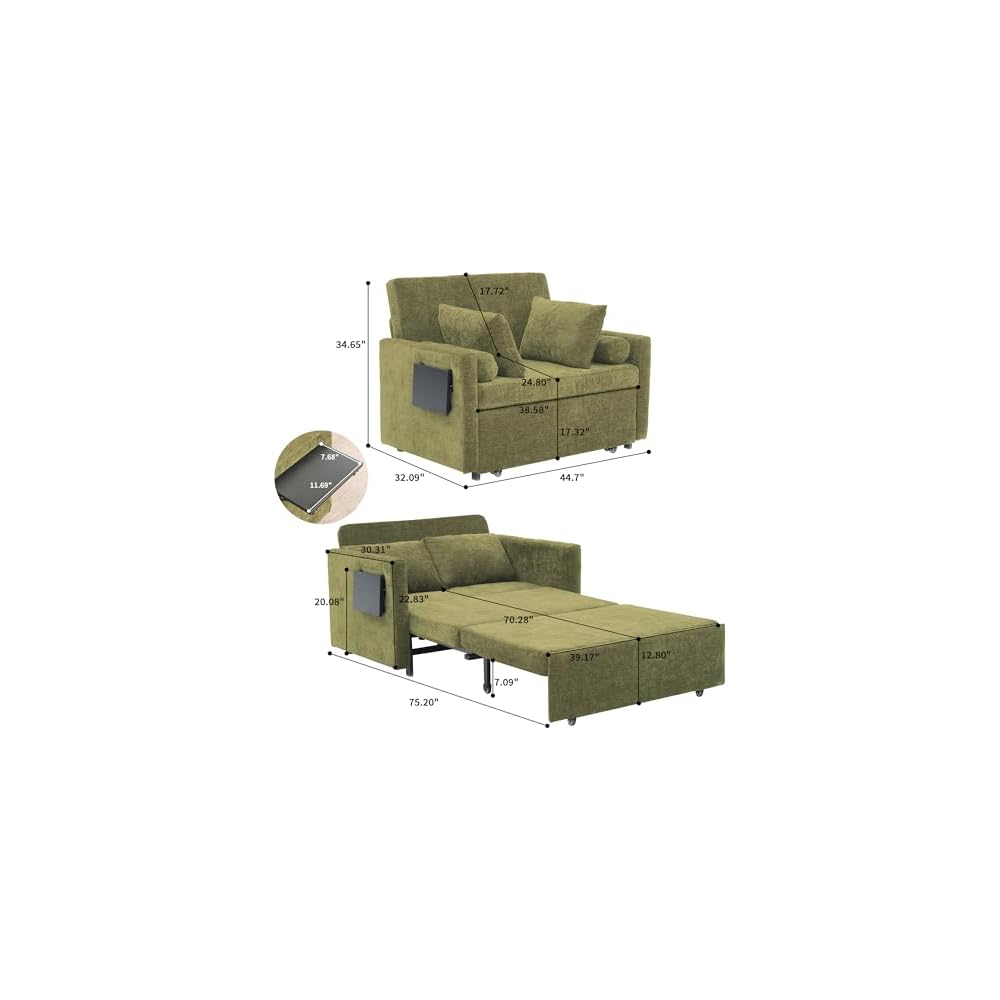75" Long 3-in-1 Sleeper Chair Pull Out Bed, Single Sleeper Sofa Bed with Wing Table and Side Pocket for Living Room, Bedroom, Small Space, Green