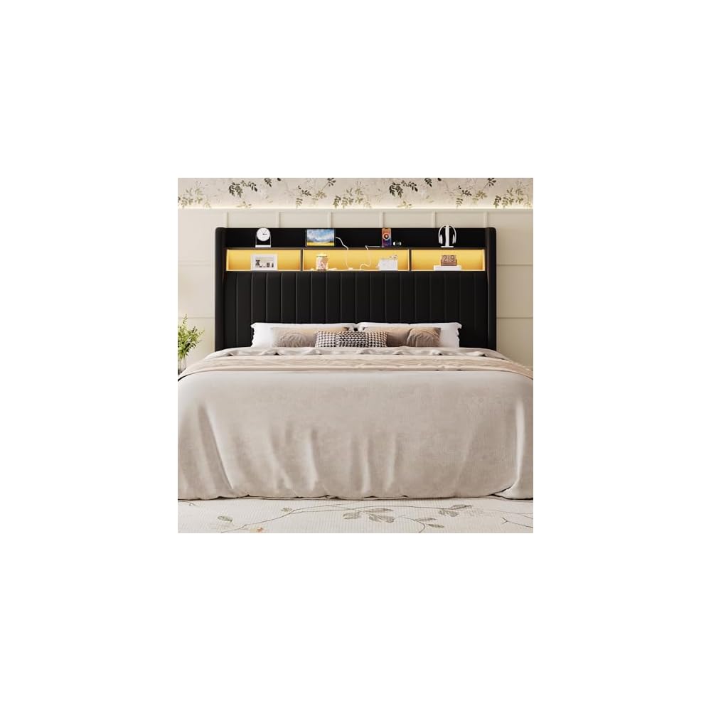 SHA CERLIN King Size Platform Bed Frame / 2-Tier Storage Shelf/Velvet Wingback Upholstered Headboard/LED Lights and Charging Station/No Box Spring Needed/Noise-Free/Easy Assembly/Black