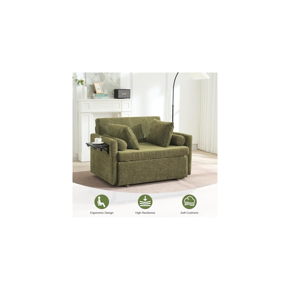 75" Long 3-in-1 Sleeper Chair Pull Out Bed, Single Sleeper Sofa Bed with Wing Table and Side Pocket for Living Room, Bedroom, Small Space, Green