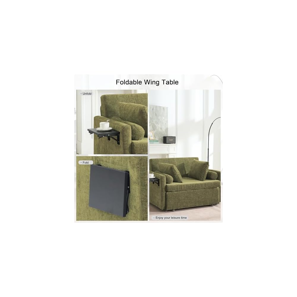 75" Long 3-in-1 Sleeper Chair Pull Out Bed, Single Sleeper Sofa Bed with Wing Table and Side Pocket for Living Room, Bedroom, Small Space, Green