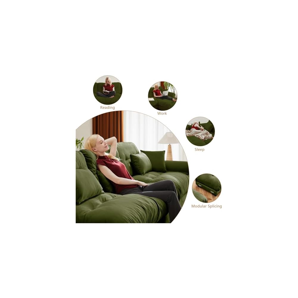 Setawix Modern U-Shaped 2 Seater Cloud Sofas Couches with Deep Seat for Living Room,Comfy Velvet Modular Sectional Sofa with Movable Ottomans,DIY Combination Couch,Tufted(Olive)