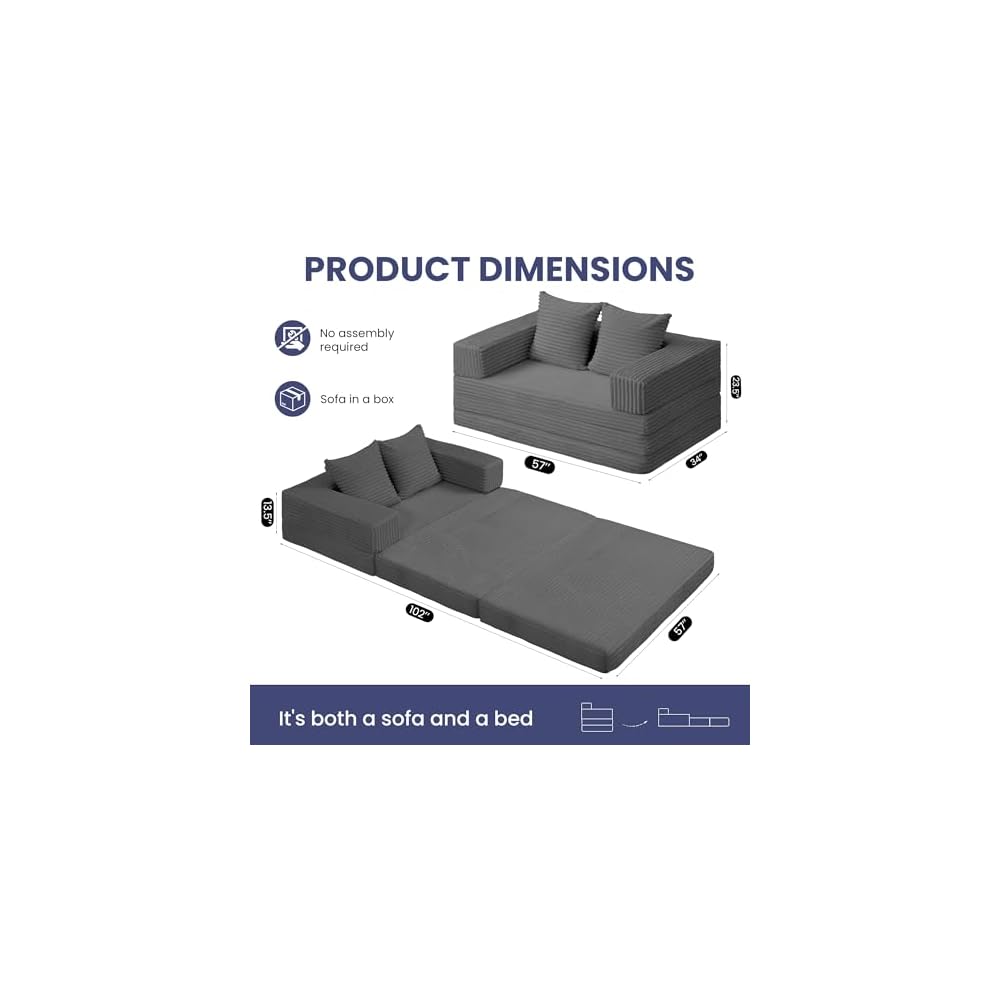 Convertible Sofa Bed, 4-in-1 Boneless Loveseat with Removable Armrests Backrest, Corduroy Futon Couch Bed with Pillow, Foldable Mattress Sleeper Sofa for Living Room Bedroom Small Place (Grey)