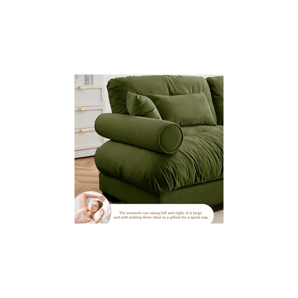 Setawix Modern U-Shaped 2 Seater Cloud Sofas Couches with Deep Seat for Living Room,Comfy Velvet Modular Sectional Sofa with Movable Ottomans,DIY Combination Couch,Tufted(Olive)