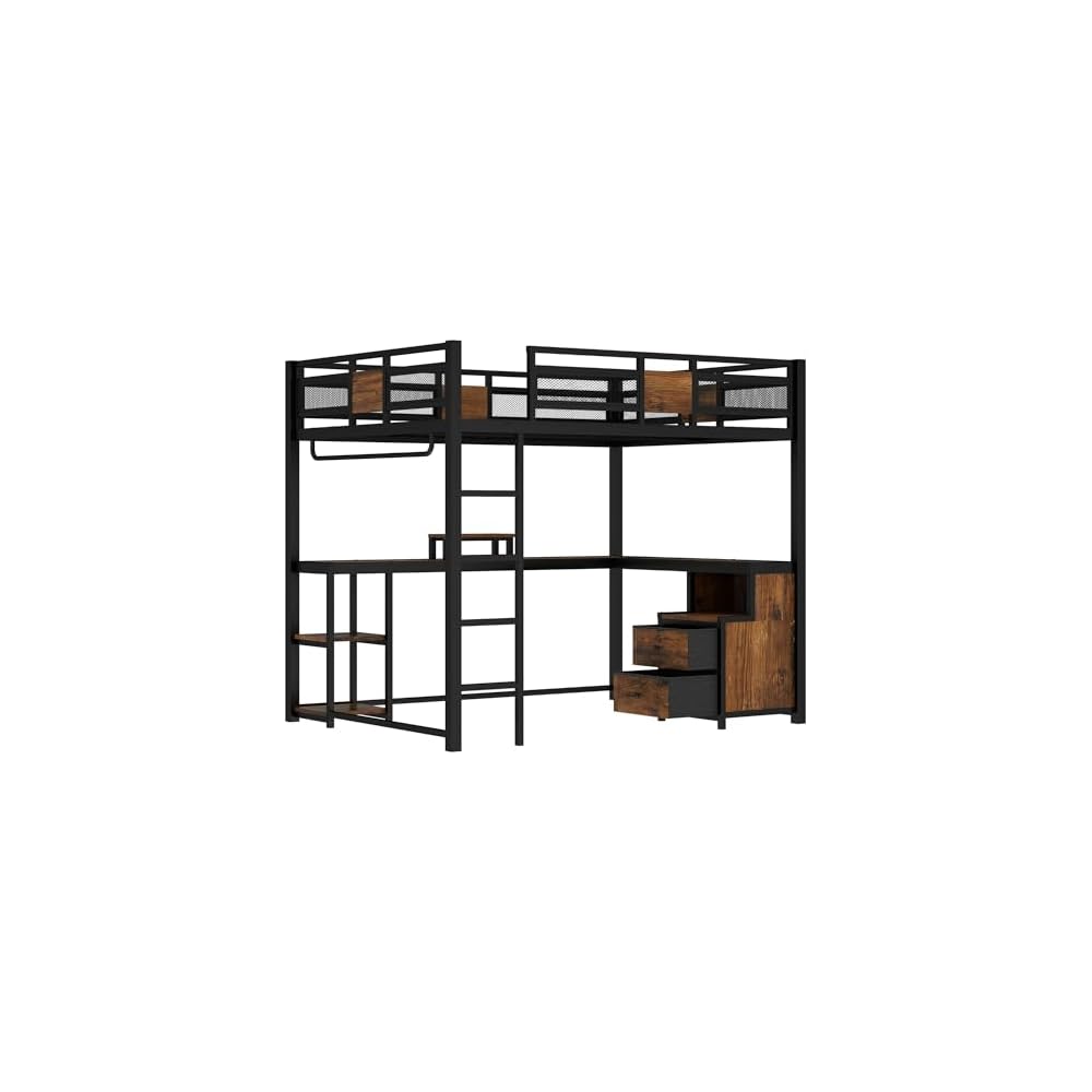 Bellemave Queen Loft Bed with Desk, Drawer, Metal Queen Size Loft Bed Frame with guardrail and Ladder for Adults, Kids, Teens, Black
