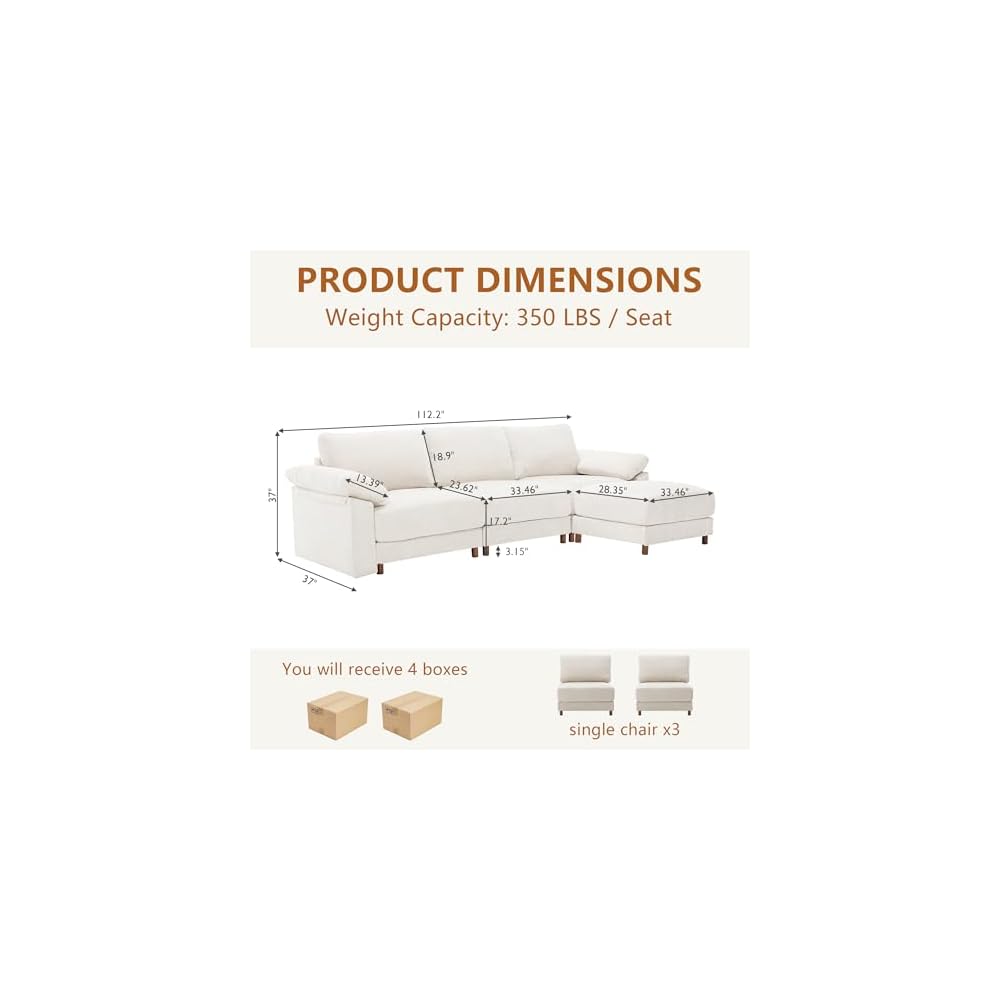 112'' Oversized L Shape Modular Cloud Sectional Sofa, Deep Seat Sofa, Beige