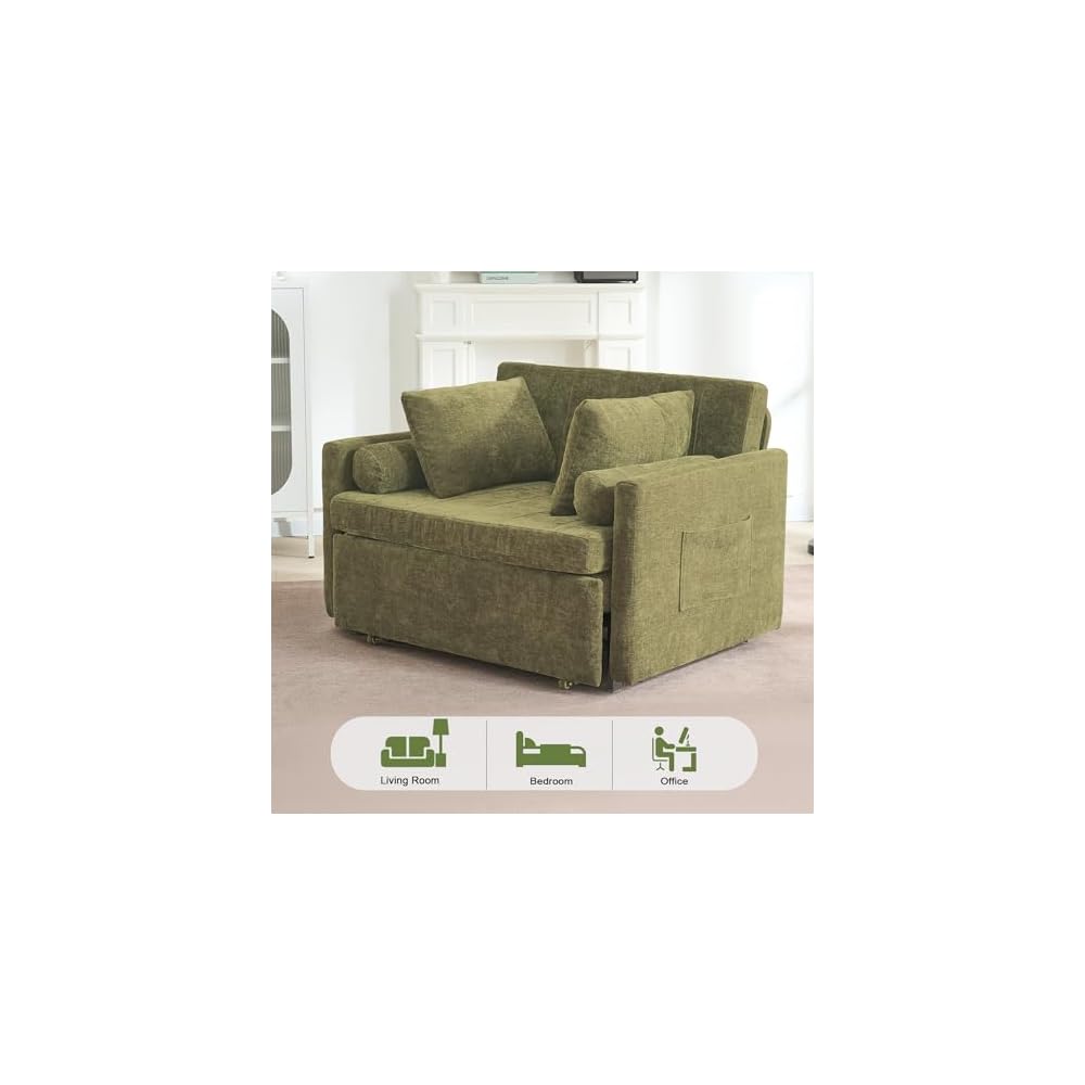 75" Long 3-in-1 Sleeper Chair Pull Out Bed, Single Sleeper Sofa Bed with Wing Table and Side Pocket for Living Room, Bedroom, Small Space, Green