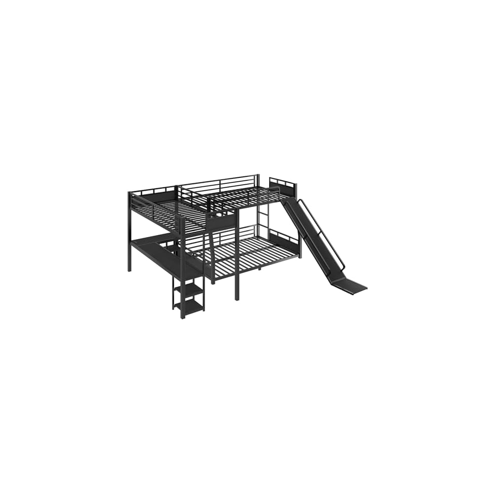 Triple Bunk Beds, L-Shape Full XL Over Queen Bunk Bed Attached a Loft Bed with Desk, Storage Shelves, Triple Bunk Bed with Slide and USB Ports, Metal Corner Bunkbed Frame for Boys Girls Teens, Black