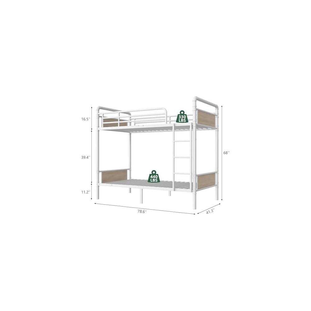 Jocoevol Metal Bunk Bed Twin Over Twin, Industrial Bunkbeds Heavy Duty Bed with Safety Guard Rails and Space-Saving Design, Steel Bed for School, Bedroom (White)