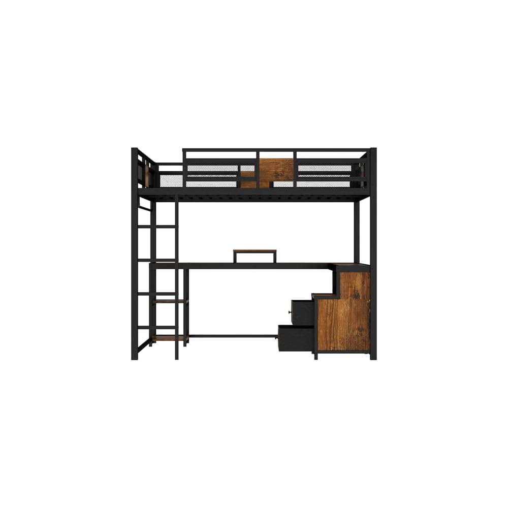 Bellemave Queen Loft Bed with Desk, Drawer, Metal Queen Size Loft Bed Frame with guardrail and Ladder for Adults, Kids, Teens, Black
