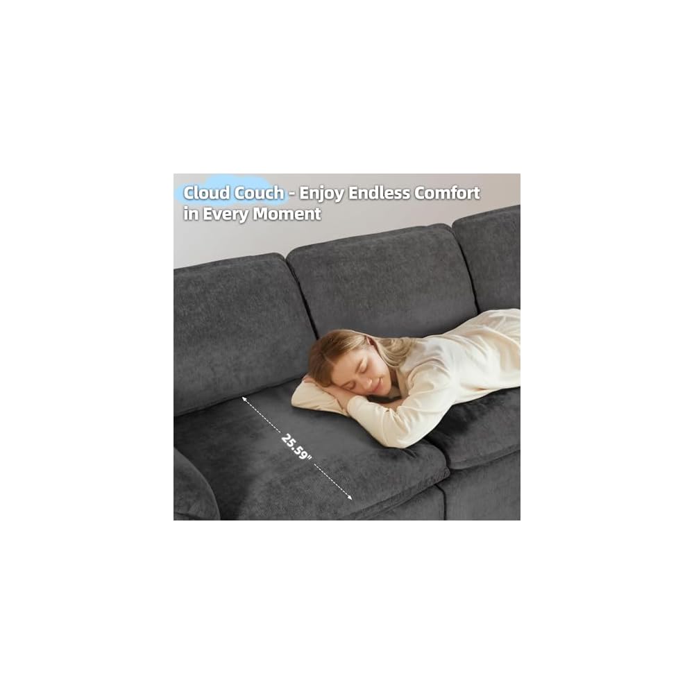 HALLYBEE 112" Cloud Couch with Padded Armrests & Moveable Ottoman Dark Grey