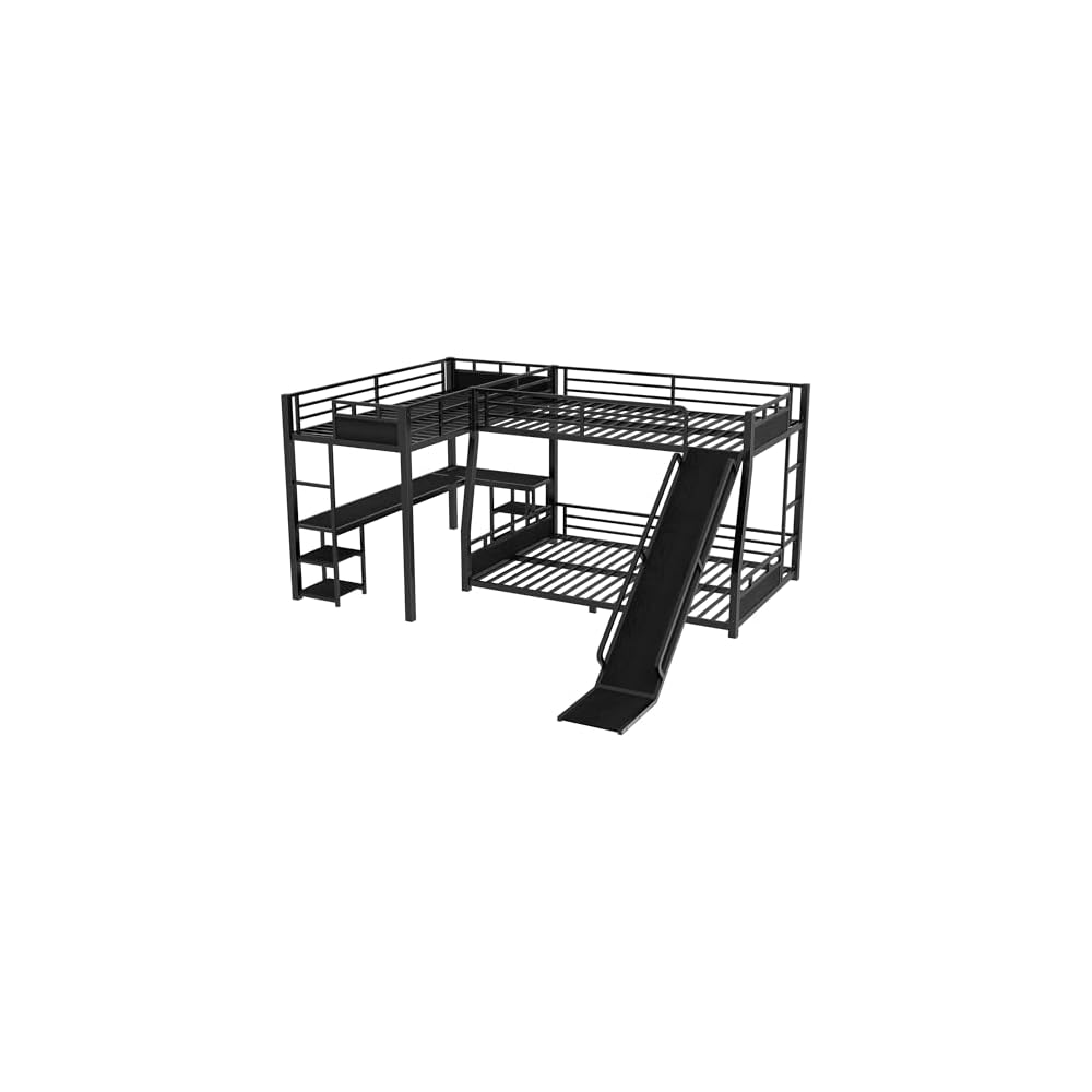 Triple Bunk Beds, L-Shape Full XL Over Queen Bunk Bed Attached a Loft Bed with Desk, Storage Shelves, Triple Bunk Bed with Slide and USB Ports, Metal Corner Bunkbed Frame for Boys Girls Teens, Black
