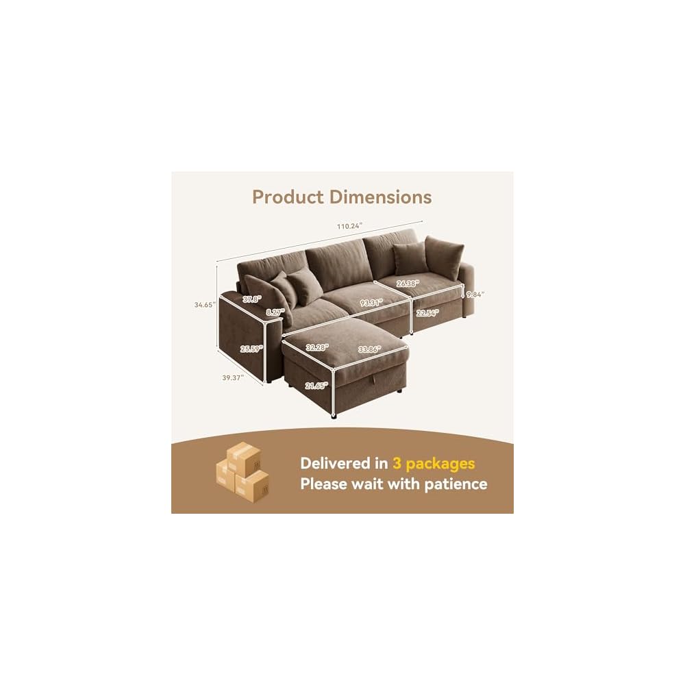 WorthFurni 110” Cloud Sectional Couches for Living Room, Modular Sectional Sofa with Deep Seat, Convertible L-Shape Couch with Storage Ottoman for Bedroom Apartment, Chenille (Brown)