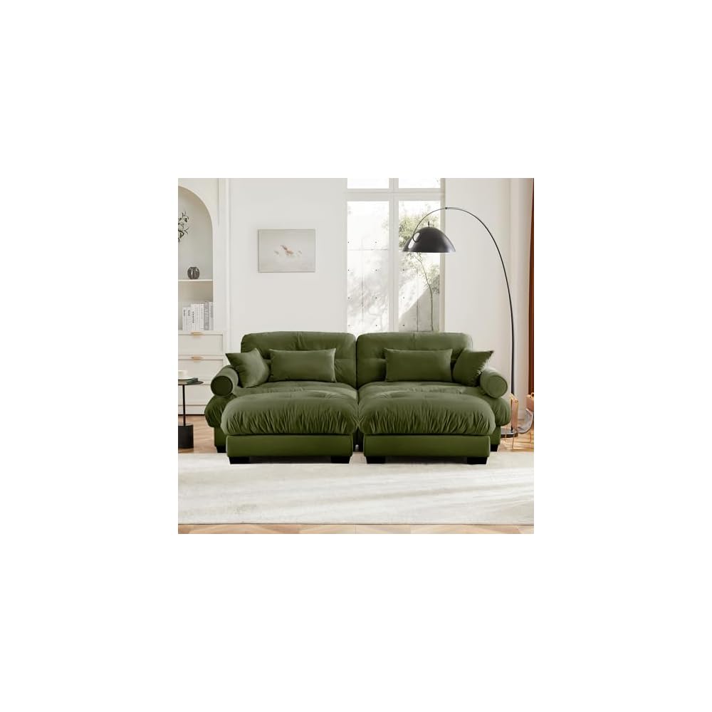 Setawix Modern U-Shaped 2 Seater Cloud Sofas Couches with Deep Seat for Living Room,Comfy Velvet Modular Sectional Sofa with Movable Ottomans,DIY Combination Couch,Tufted(Olive)