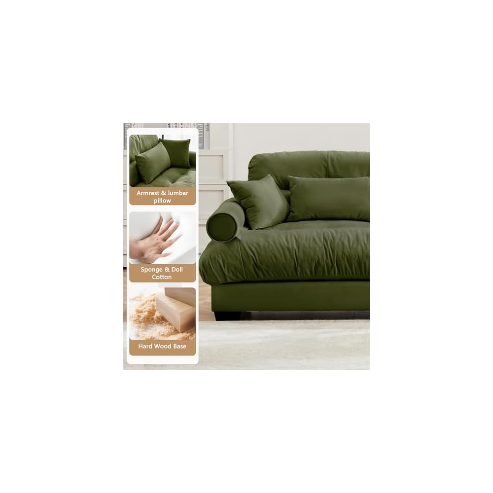 Setawix Modern U-Shaped 2 Seater Cloud Sofas Couches with Deep Seat for Living Room,Comfy Velvet Modular Sectional Sofa with Movable Ottomans,DIY Combination Couch,Tufted(Olive)