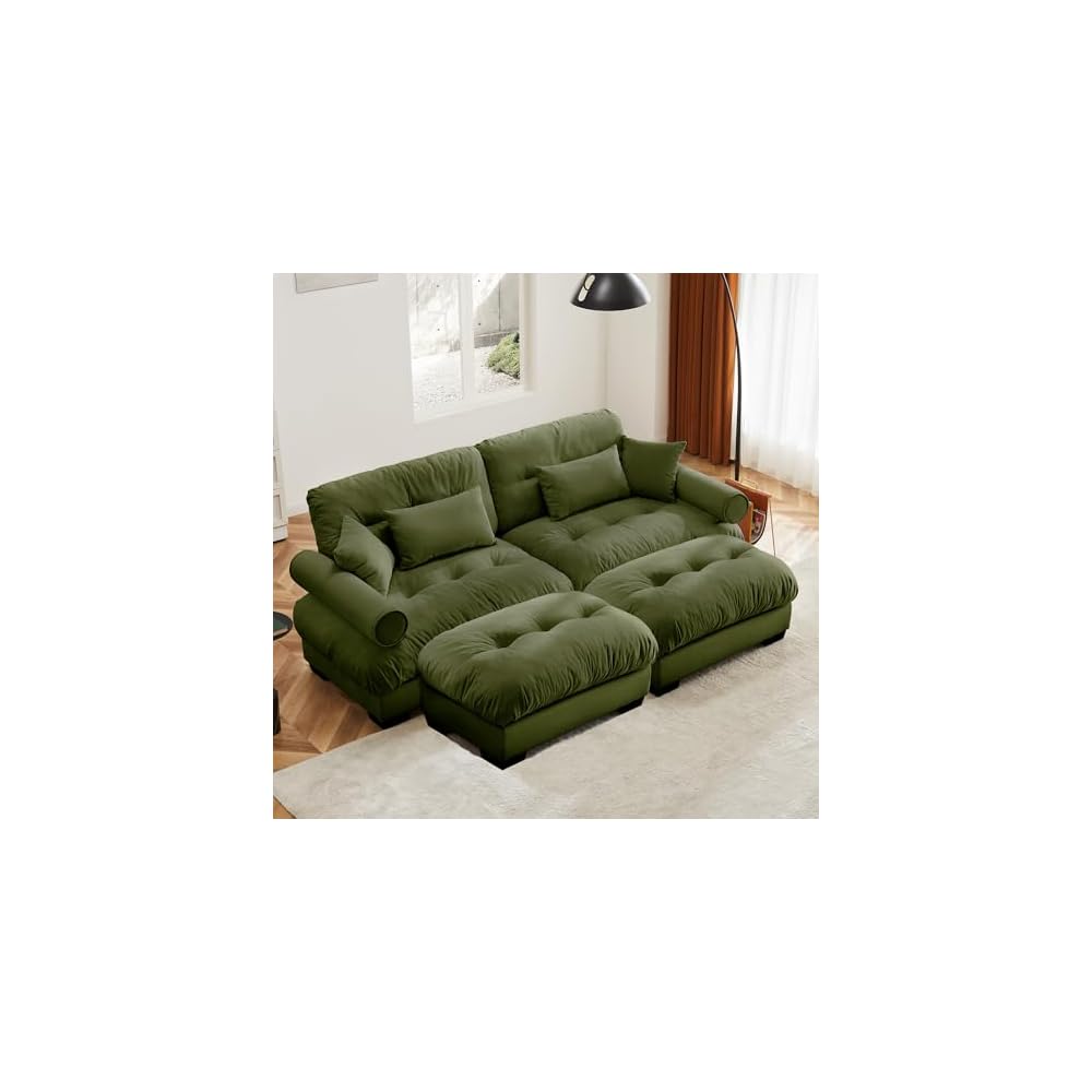 Setawix Modern U-Shaped 2 Seater Cloud Sofas Couches with Deep Seat for Living Room,Comfy Velvet Modular Sectional Sofa with Movable Ottomans,DIY Combination Couch,Tufted(Olive)