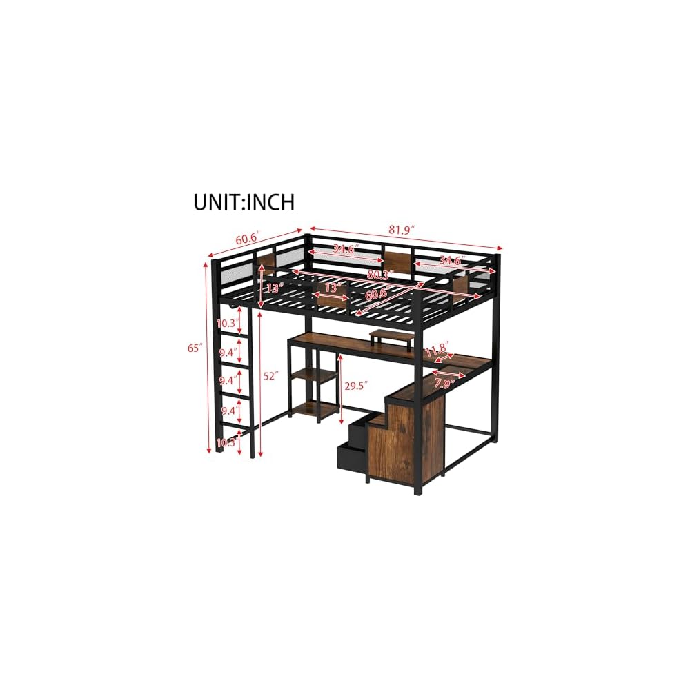 Bellemave Queen Loft Bed with Desk, Drawer, Metal Queen Size Loft Bed Frame with guardrail and Ladder for Adults, Kids, Teens, Black