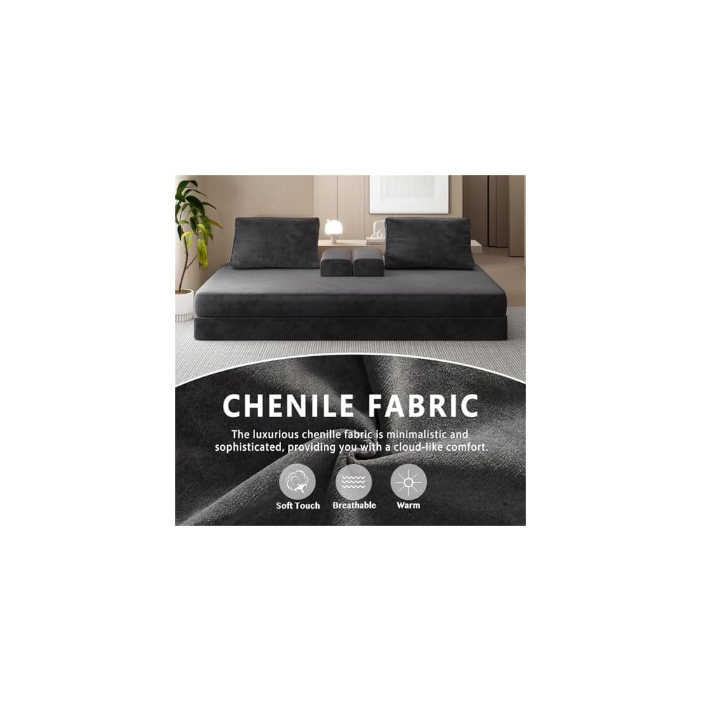 Futon Sofa Bed King Size, Boneless Sleeper Sofa, Oversized Chenille Foldable Couch, Convertible Floor Couches, Modern Folding Mattress, Daybed for Gaming, Living Room, Apartment, Dark Grey