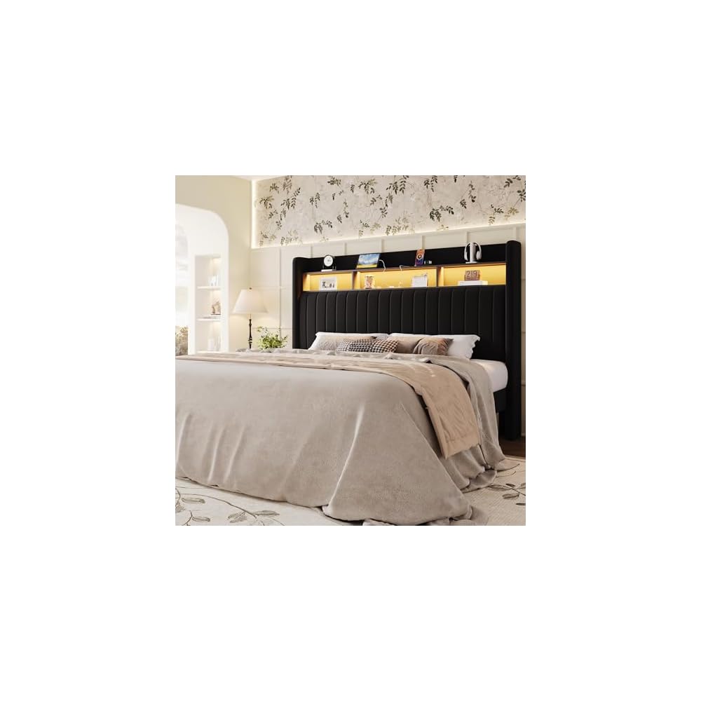 SHA CERLIN King Size Platform Bed Frame / 2-Tier Storage Shelf/Velvet Wingback Upholstered Headboard/LED Lights and Charging Station/No Box Spring Needed/Noise-Free/Easy Assembly/Black