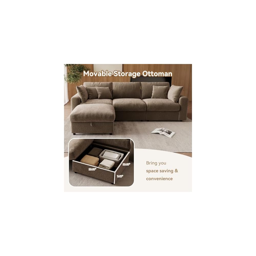 WorthFurni 110” Cloud Sectional Couches for Living Room, Modular Sectional Sofa with Deep Seat, Convertible L-Shape Couch with Storage Ottoman for Bedroom Apartment, Chenille (Brown)
