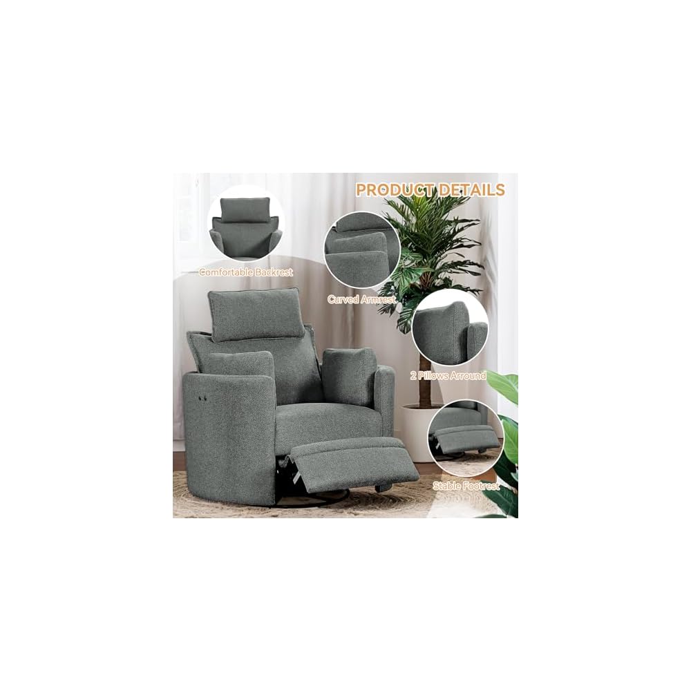 Power Swivel Rocker Recliner, Glider Nursery Chair for Adults, Modern Leisure Sofa Chair with 2 Pillows for Small Spaces, Bedroom, Living Room, Beige (Light Grey)