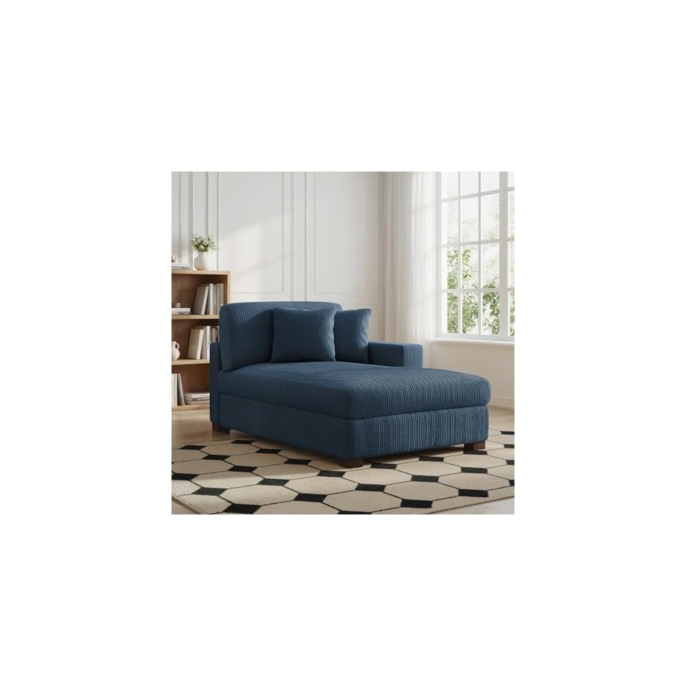 Chaise Lounge Chair Indoor, Oversized Upholstered Sofa Bed for Living Room, Corduroy Sleeper Couch Comfy Recliner Bedroom Reading Seat - Navy Blue, Left Armrest