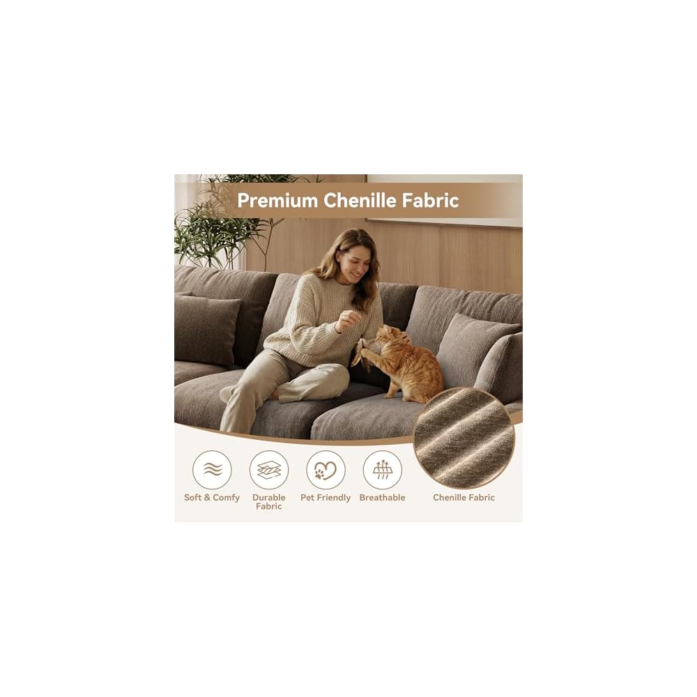 WorthFurni 110” Cloud Sectional Couches for Living Room, Modular Sectional Sofa with Deep Seat, Convertible L-Shape Couch with Storage Ottoman for Bedroom Apartment, Chenille (Brown)