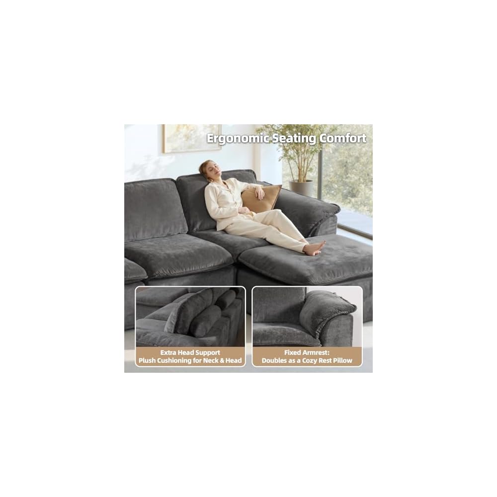 HALLYBEE 112" Cloud Couch with Padded Armrests & Moveable Ottoman Dark Grey