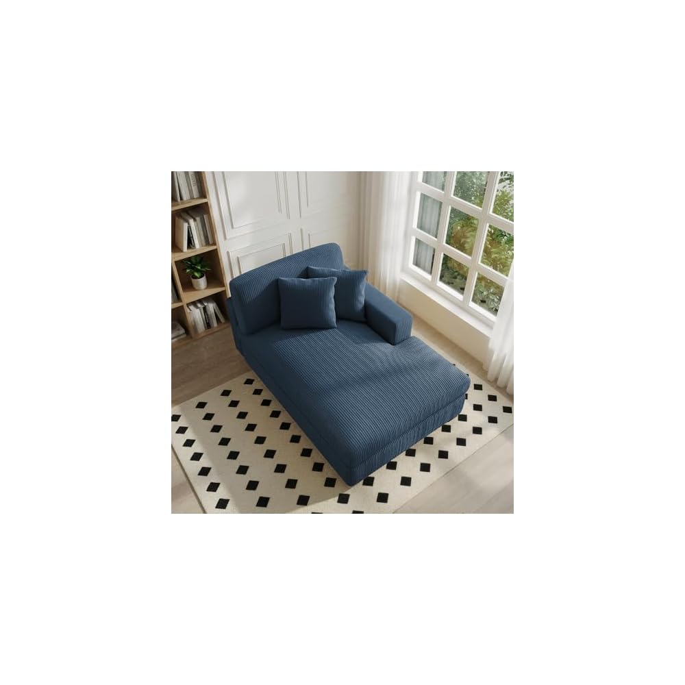 Chaise Lounge Chair Indoor, Oversized Upholstered Sofa Bed for Living Room, Corduroy Sleeper Couch Comfy Recliner Bedroom Reading Seat - Navy Blue, Left Armrest
