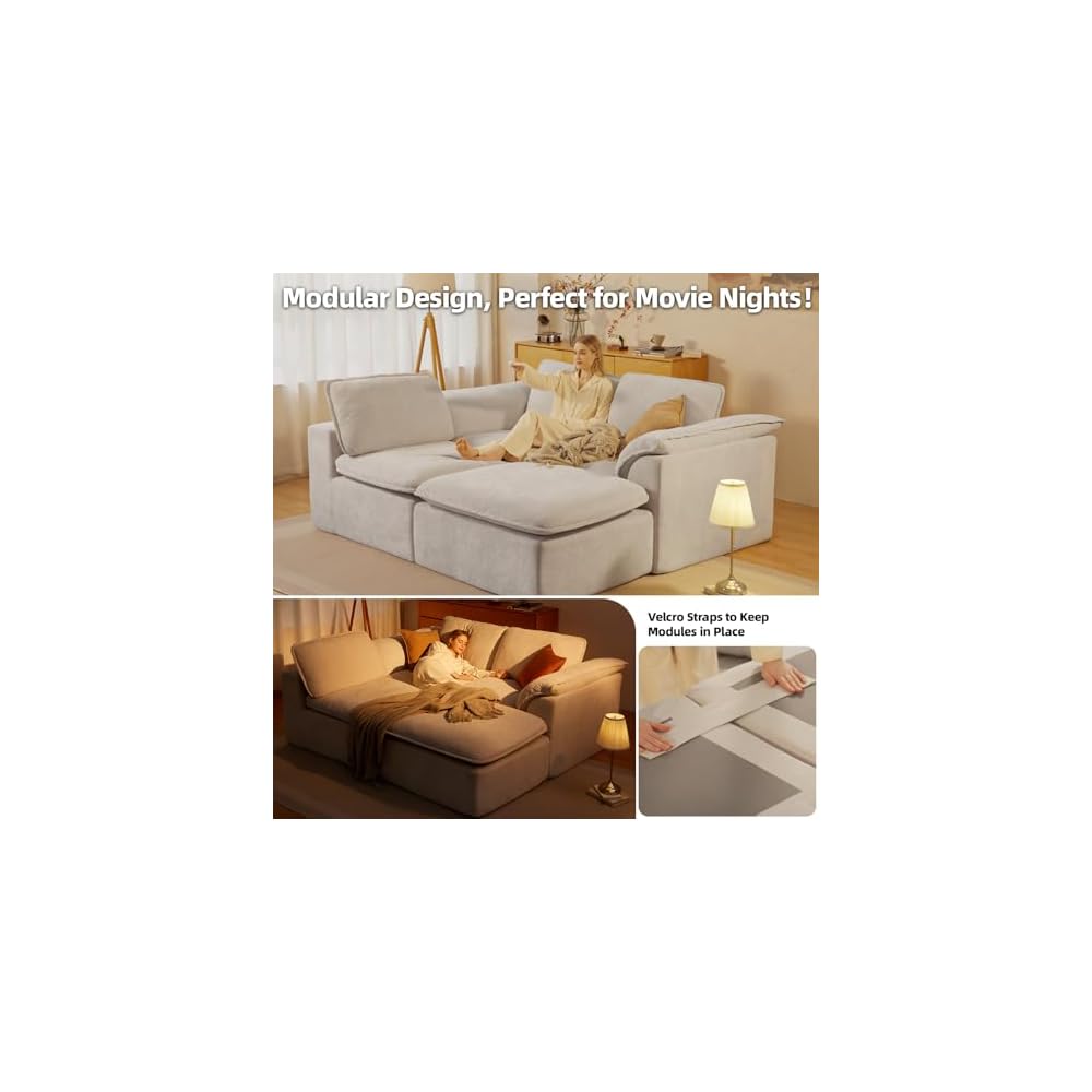 HALLYBEE 112" Cloud Couch with Padded Armrests & Moveable Ottoman Dark Grey