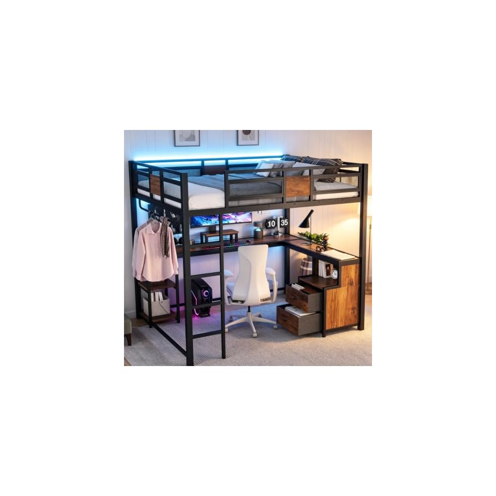Bellemave Queen Loft Bed with Desk, Drawer, Metal Queen Size Loft Bed Frame with guardrail and Ladder for Adults, Kids, Teens, Black