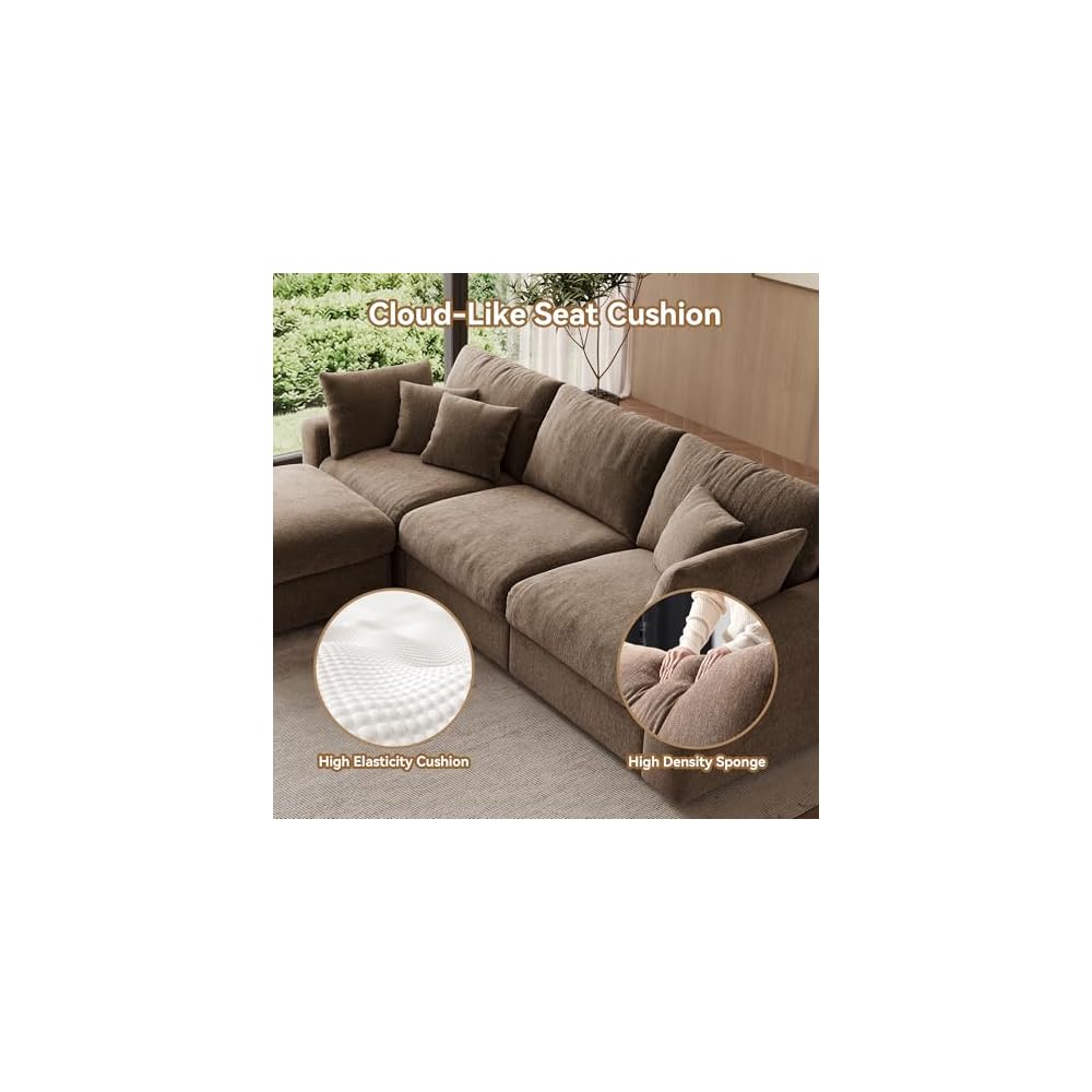 WorthFurni 110” Cloud Sectional Couches for Living Room, Modular Sectional Sofa with Deep Seat, Convertible L-Shape Couch with Storage Ottoman for Bedroom Apartment, Chenille (Brown)